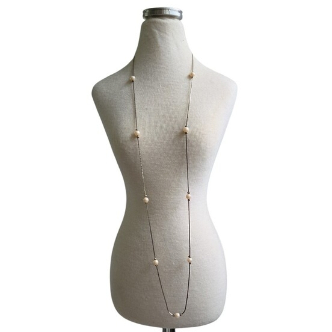 Vintage Silver Toned Delicate Long Pearl Station Necklace - Cream 30"