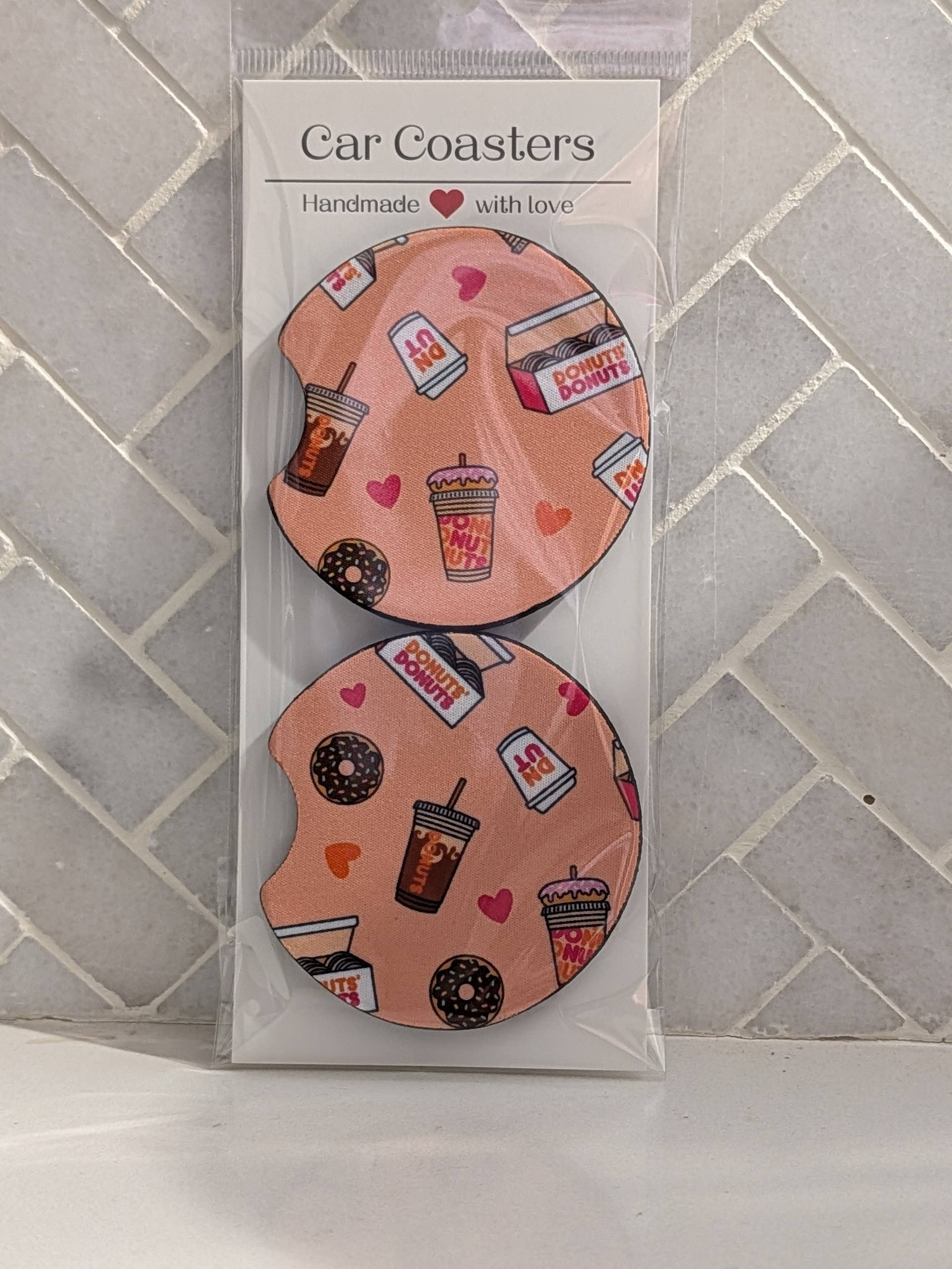 Box of Donuts and Coffee Inspired Car Coasters (set of 2). Comes in 2 colors: Orange