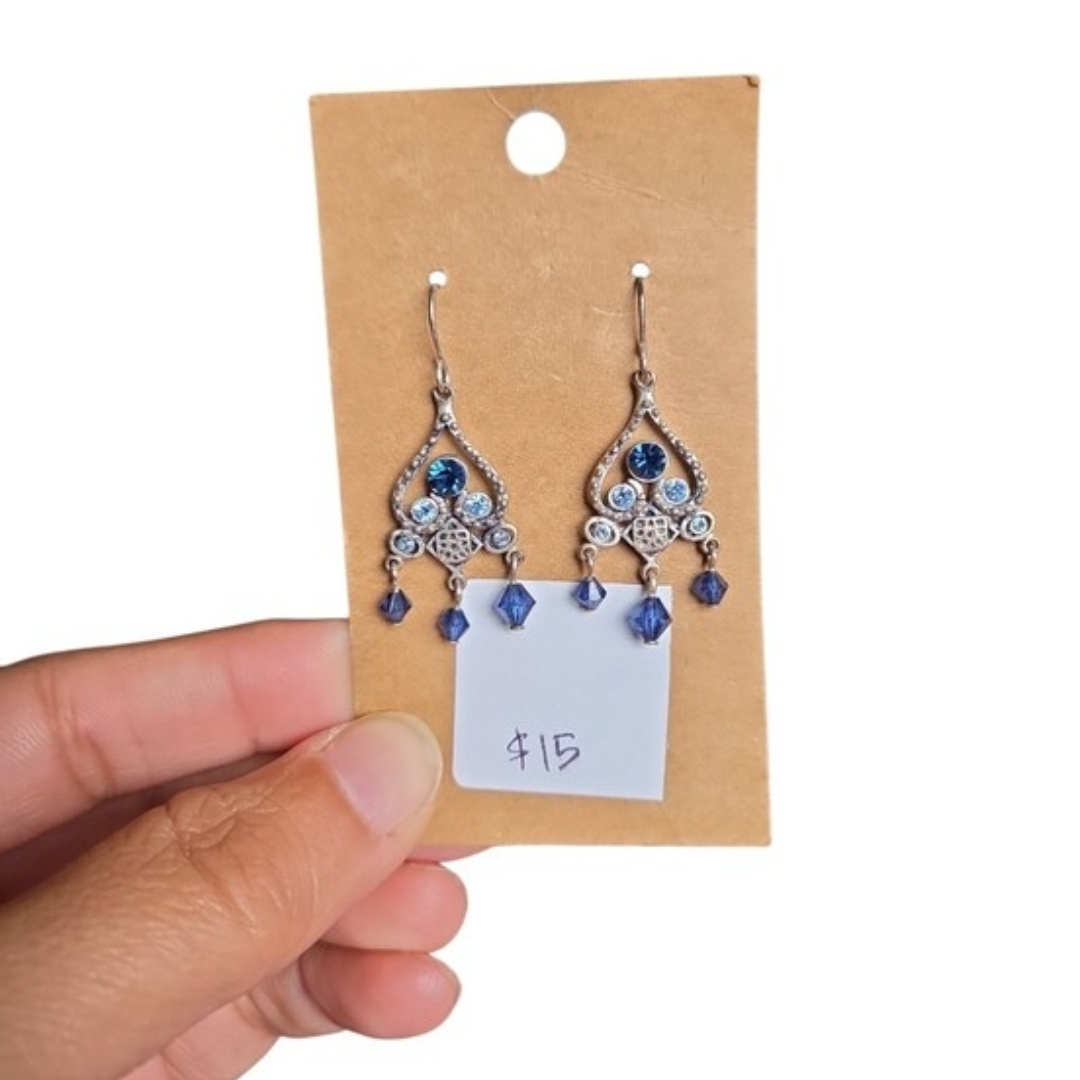 Silver-Tone Blue Crystal Drop Earrings 2"