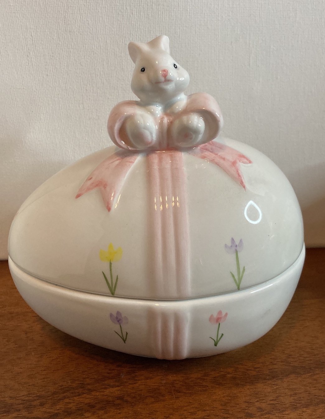 Painted Ceramic Easter Egg Container with Bunny in Pink Bow And Flowers
