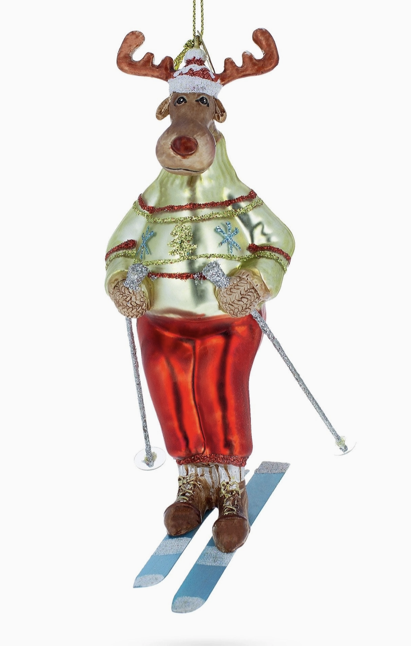 Skiing Reindeer Glass Ornament