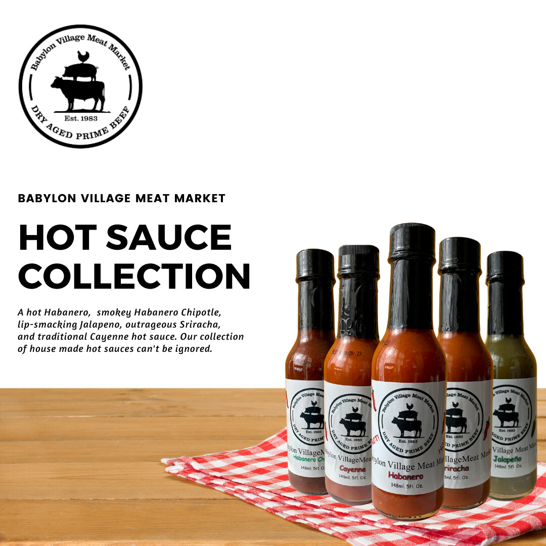 The BVMM hot sauce collection, lined up as a gift set
