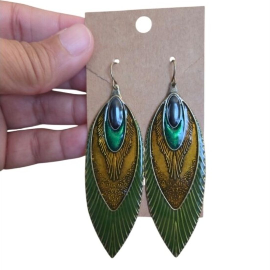 Vintage Bronze Toned Peacock Feather Enamel Dangle Earrings