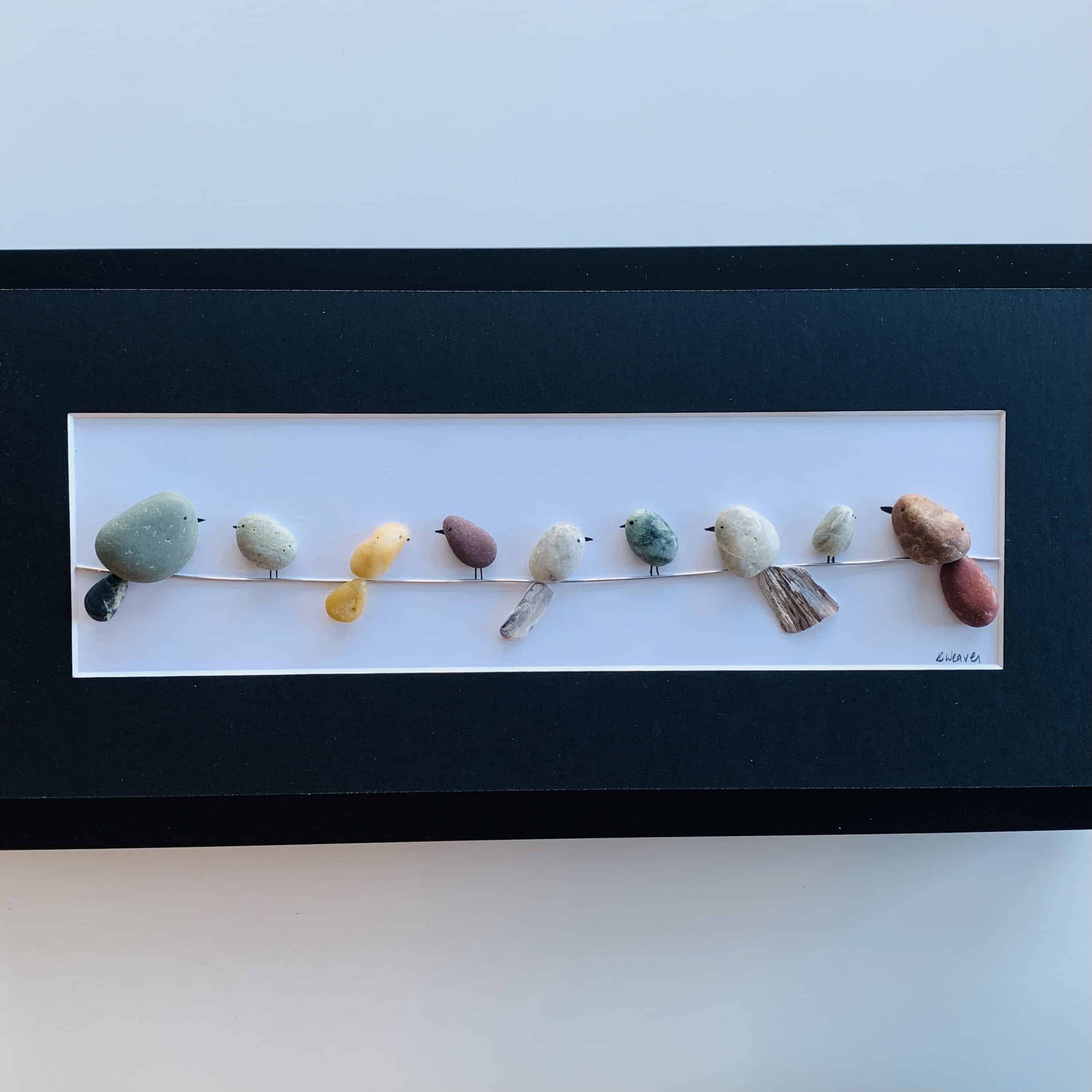 Birds on a Wire (bird pebble art-can replicate)