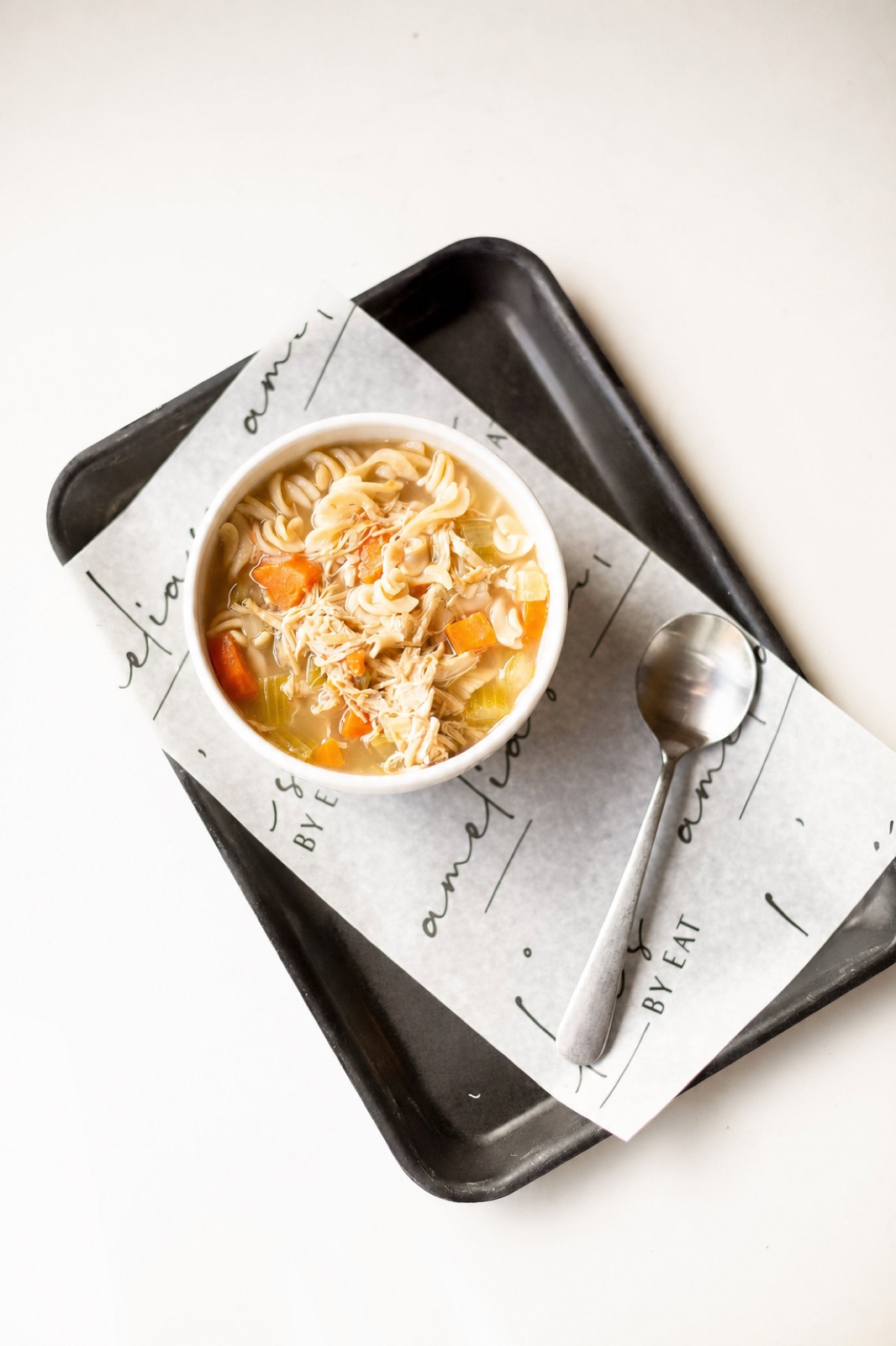 Gluten Free Chicken Noodle Soup — chicken breast, bone broth, brown rice quinoa noodles, herbs | add mixed greens salad