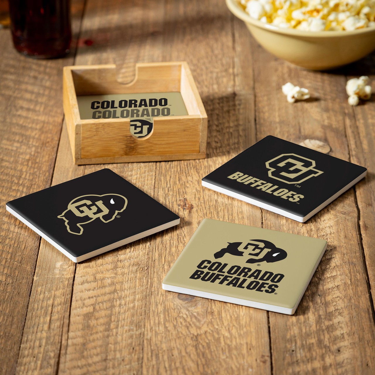 Colorado Buffaloes 4 Piece Coaster Set with Wood Caddy