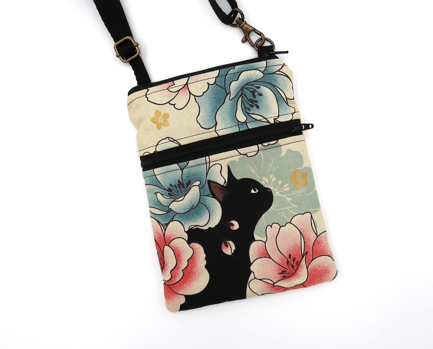 Small Crossbody Bag – Black Cats & Peonies, C - Yellow