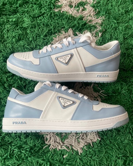 prada downtown leather sneaker white and light blue size 10 (used)
