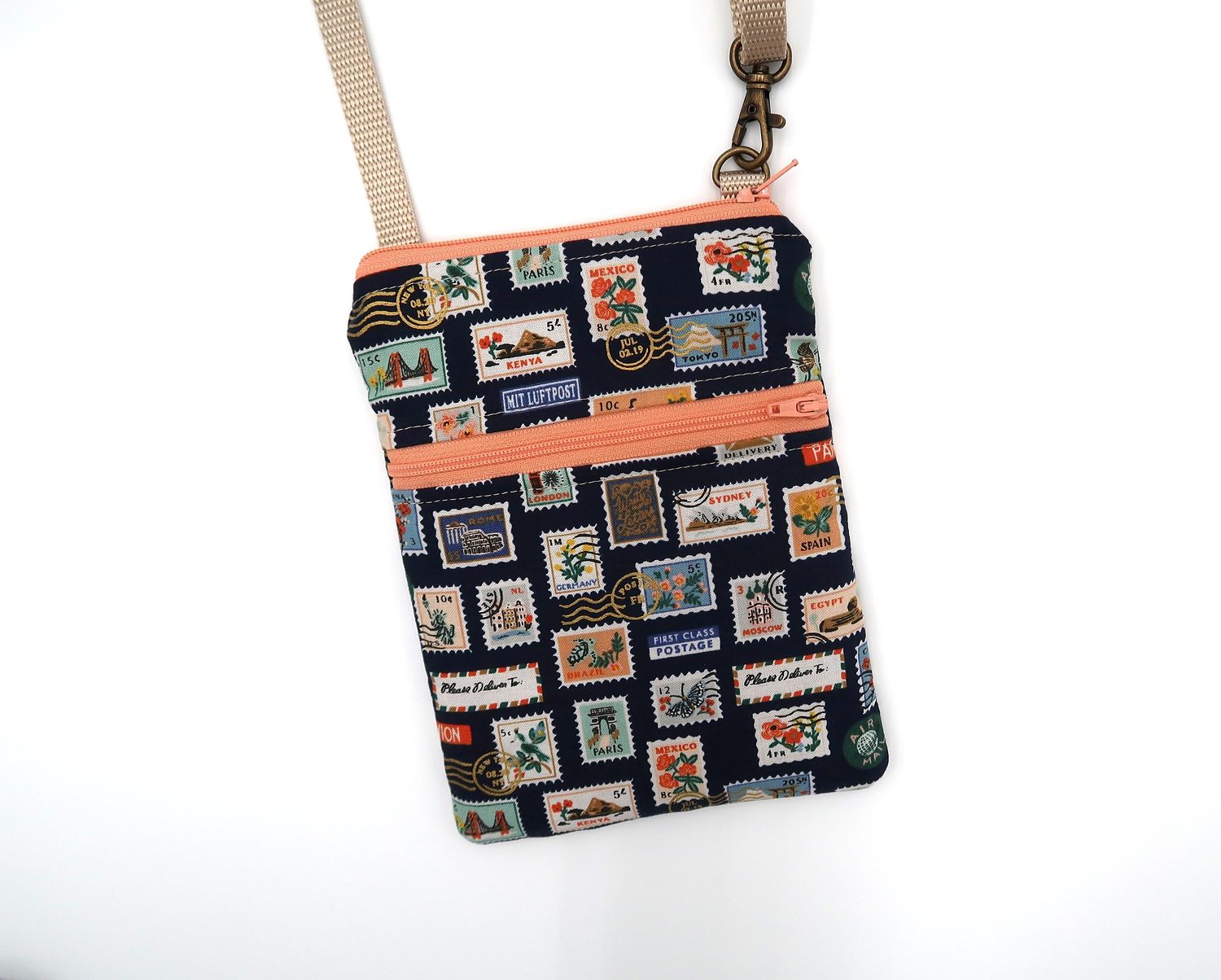 Small Crossbody Bag – Postage Stamps, Navy