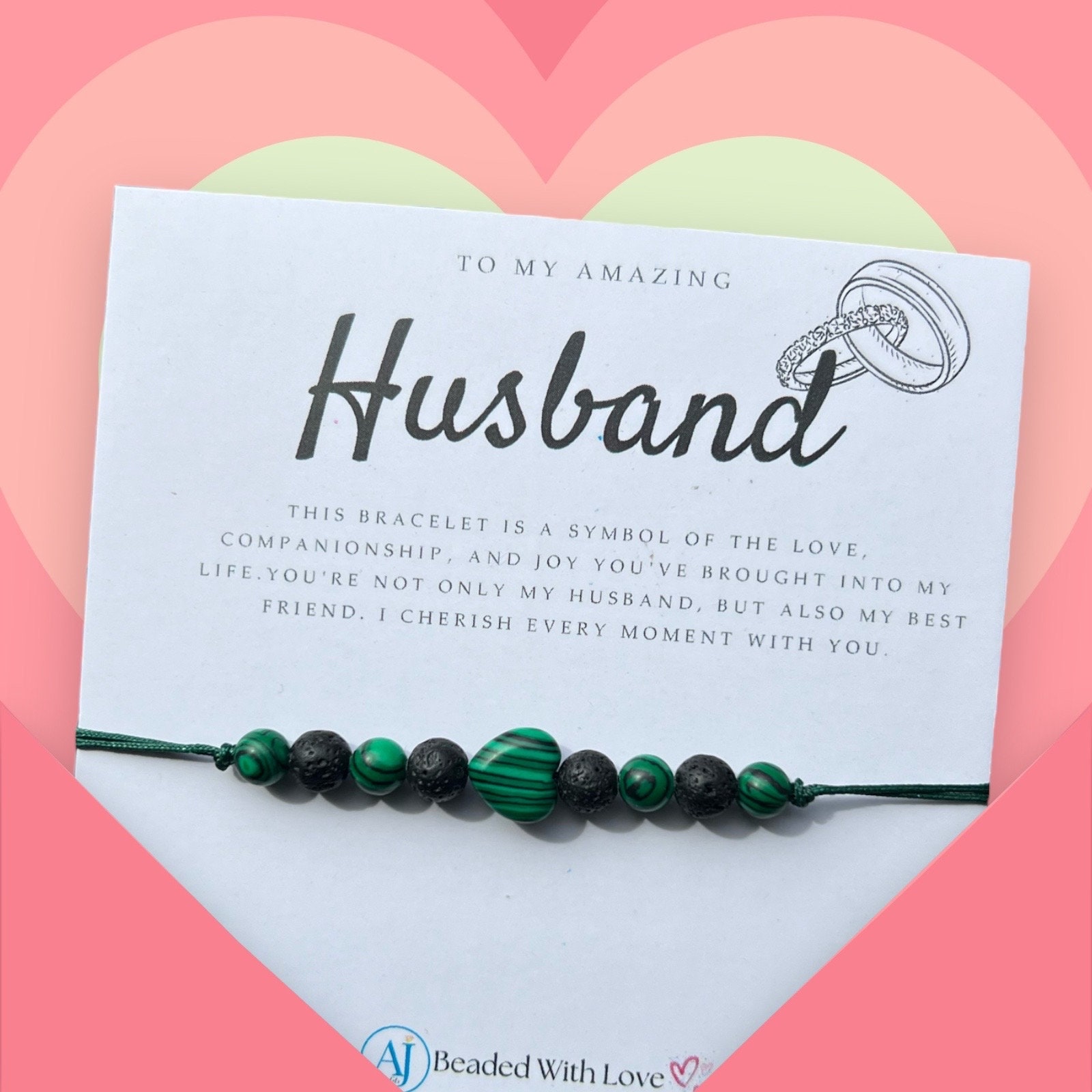 Handmade Malachite Heart Husband Bracelet - Adjustable Nylon Cord, Father’s Day gift view 3