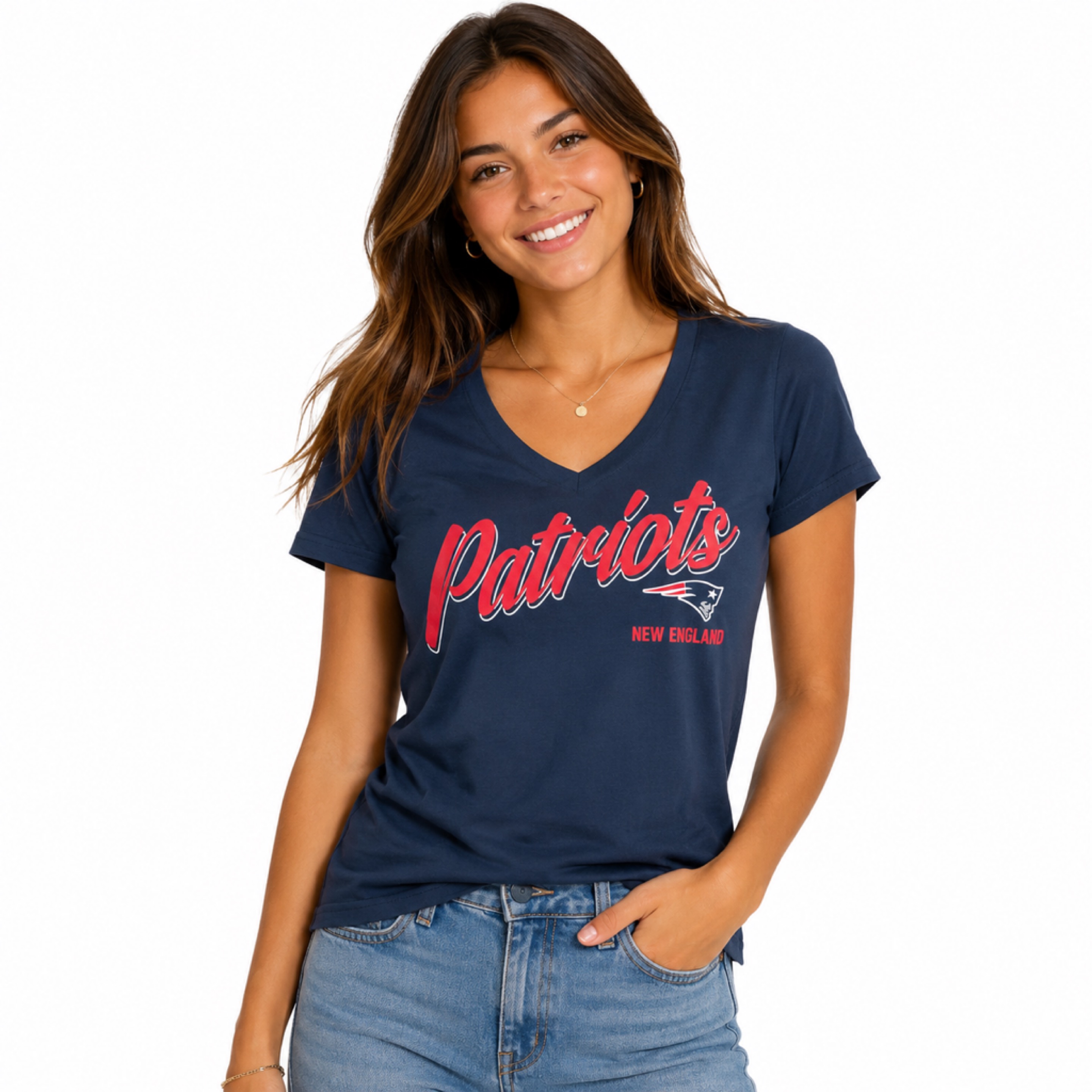 New England Patriots Ladies Navy Blue G34HER Field Script Shirt