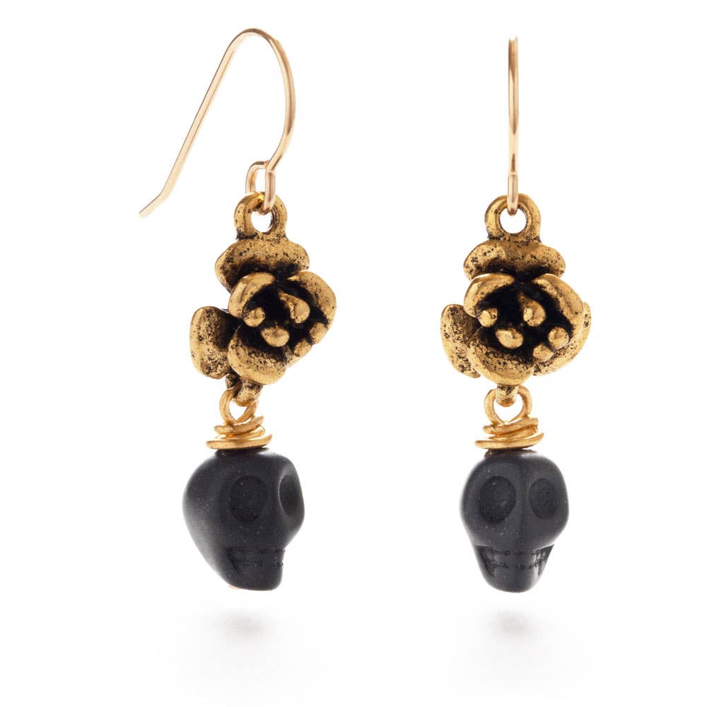 Skull and Flower Drop Earrings