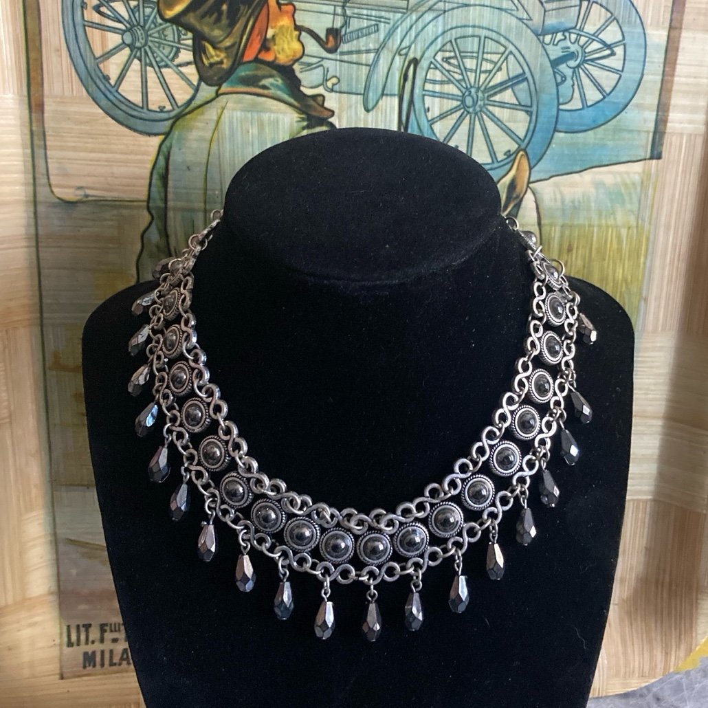 Beaded Chain Black Rhinestone Dangle Choker Silver Tone Necklace