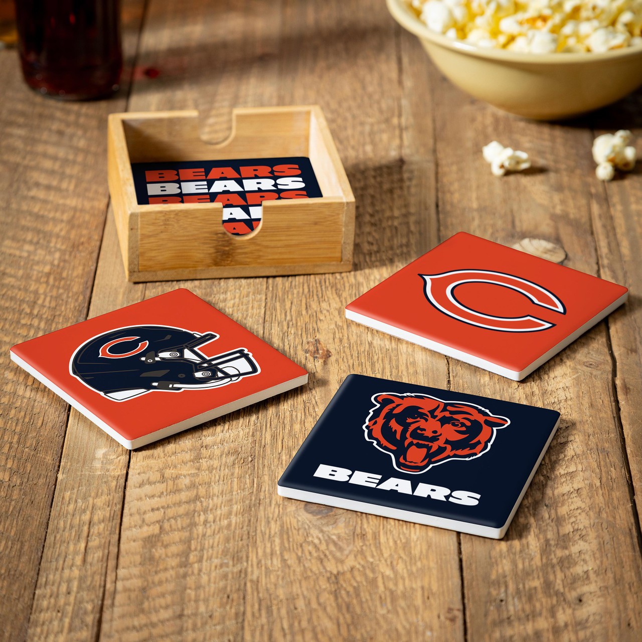 Chicago Bears 4 Piece Coaster Set with Wood Caddy