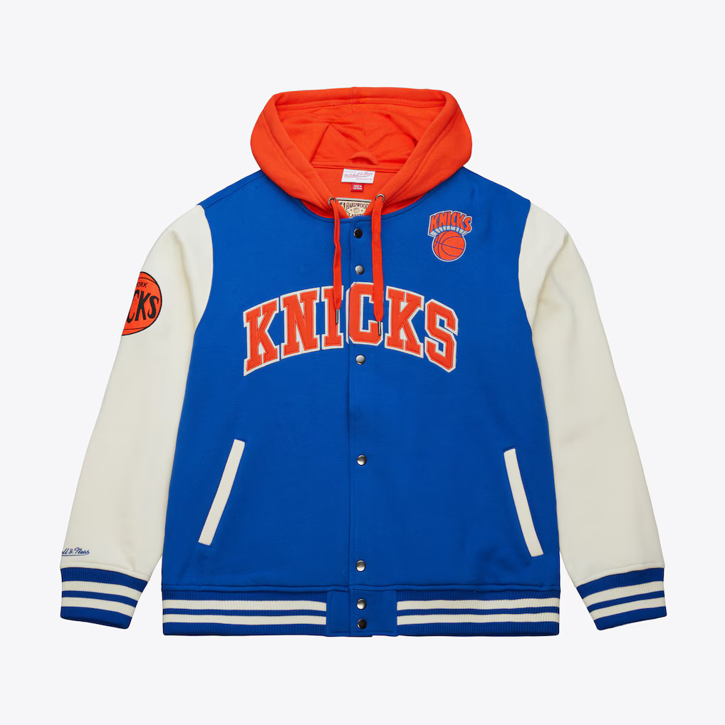 New York Knicks Courtside Button Down Mitchell and Ness Hooded Fleece Jacket