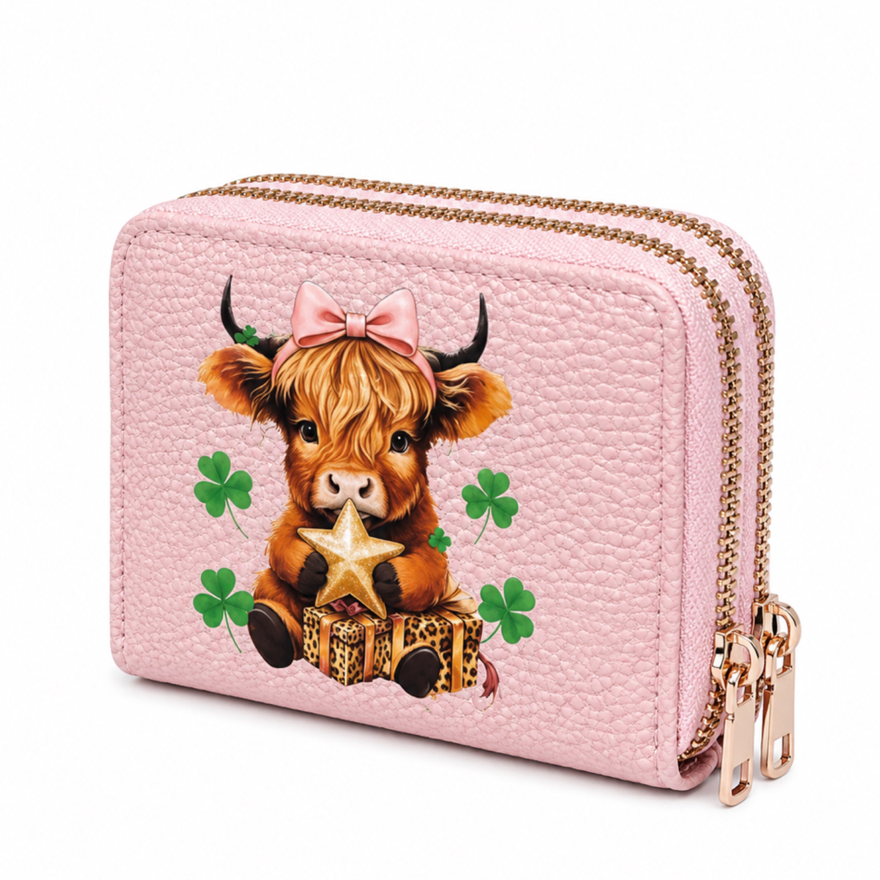 Pink Highland Cow Double Zip Wallet