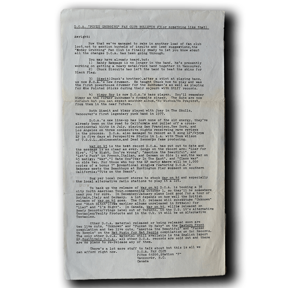 DOA -- Fan Club Bulletin [Miscellaneous Ephemera]