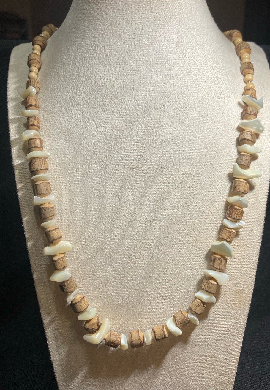 BOHO Natural MOP and Wooden Beaded 30β Necklace Barrel Clasp