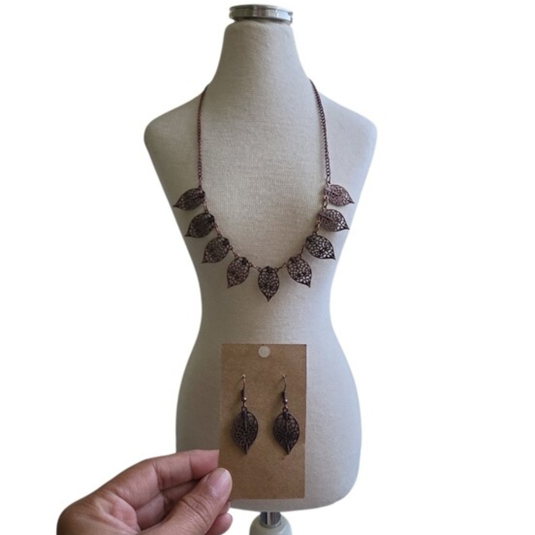Leaf Filigree Necklace and Earring Set - Copper Tone