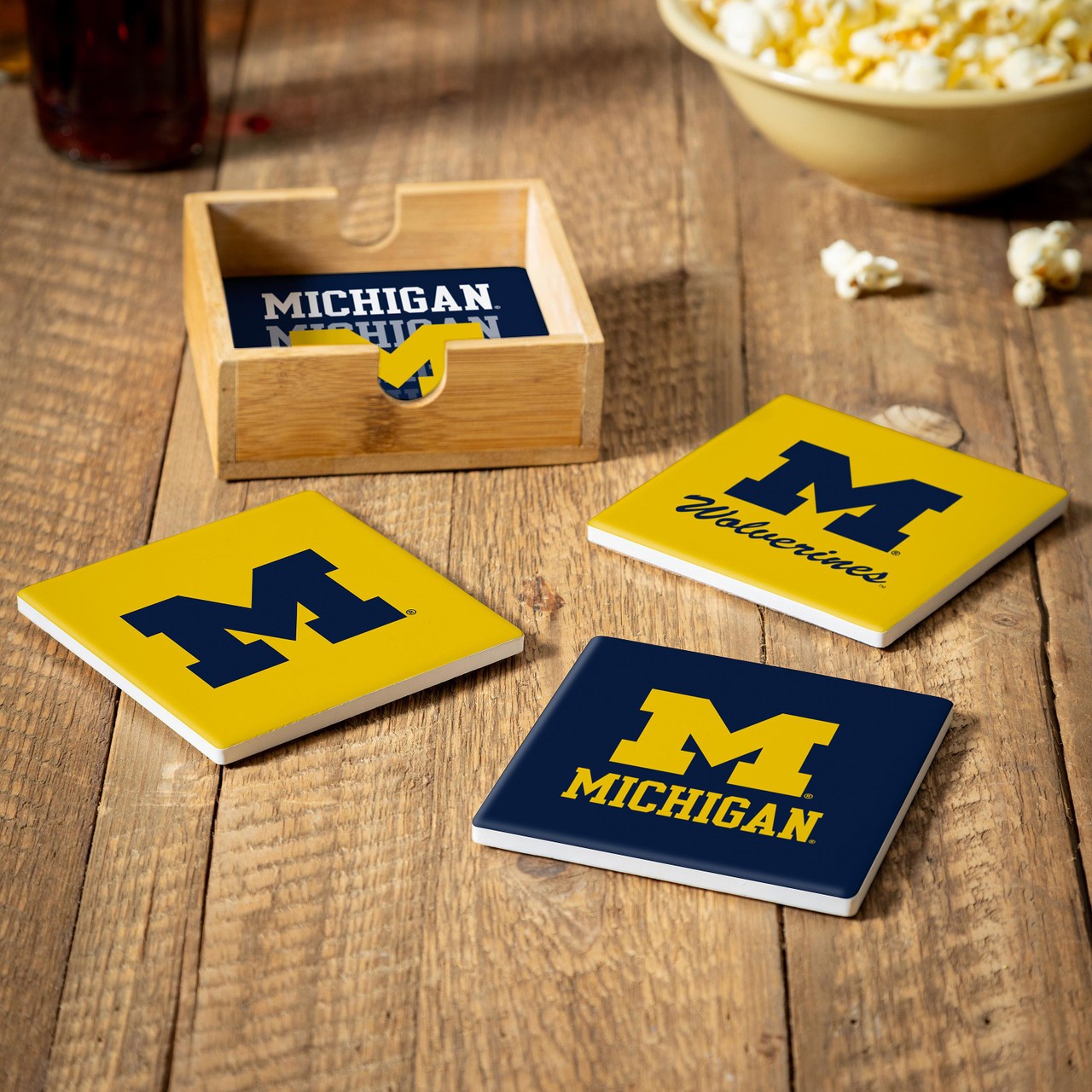 Michigan Wolverines 4 Piece Coaster Set with Wood Caddy