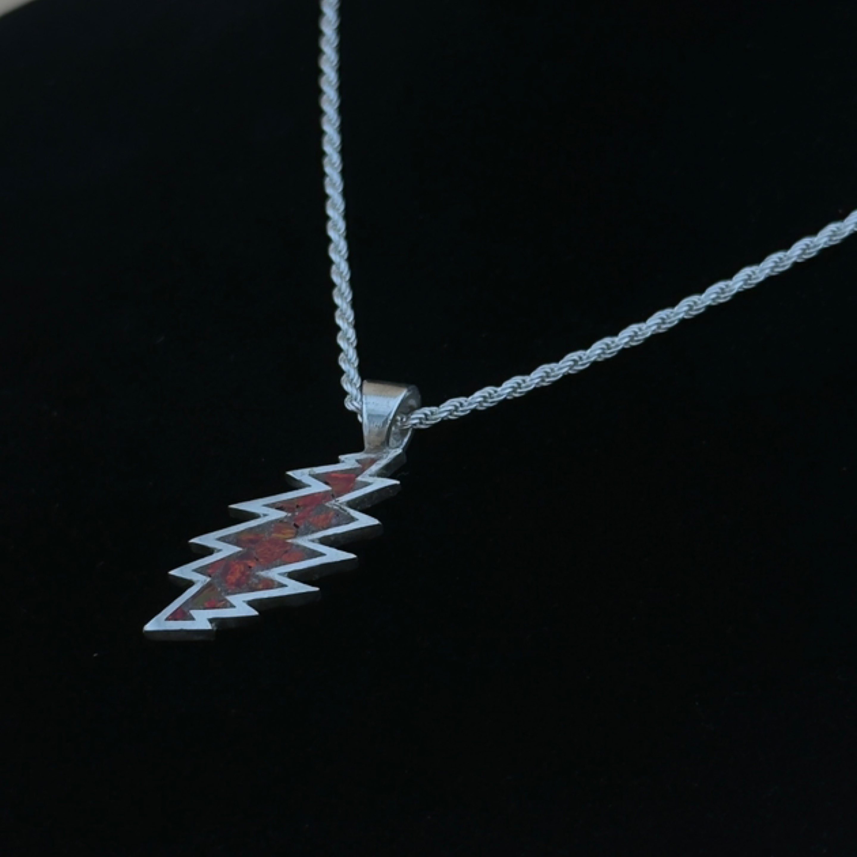 13-Point Lightning Bolt Pendant – Ruby / Opal Inlay, 925 Sterling Silver