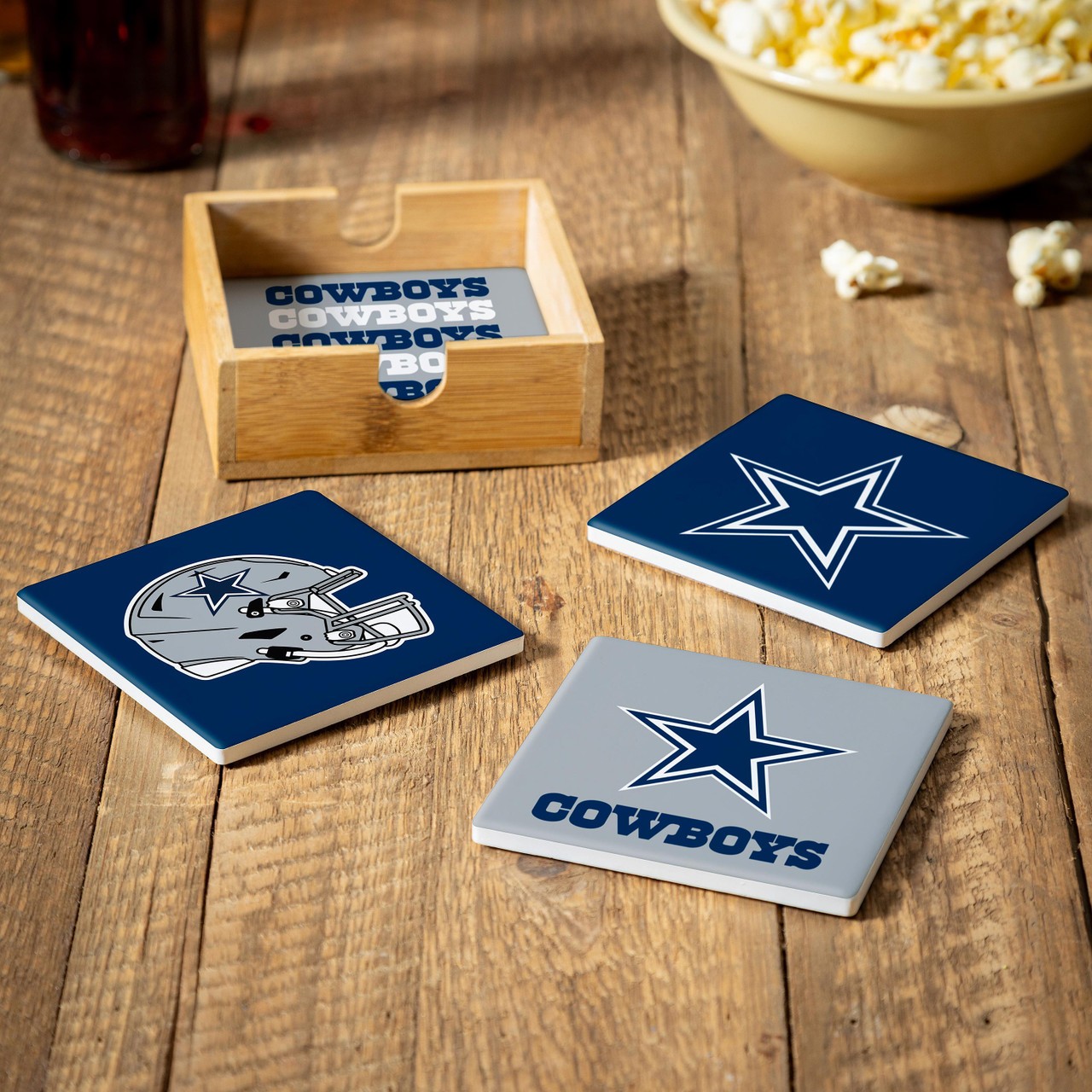 Dallas Cowboys 4 Piece Coaster Set with Wood Caddy