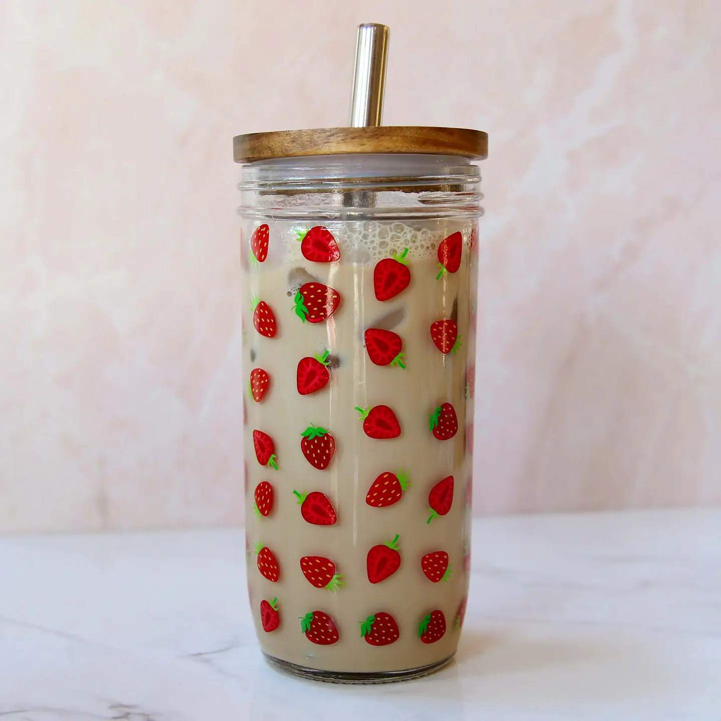 Forest Cove Home - 22 oz Glass + Top + Straw: Strawberries, Bamboo
