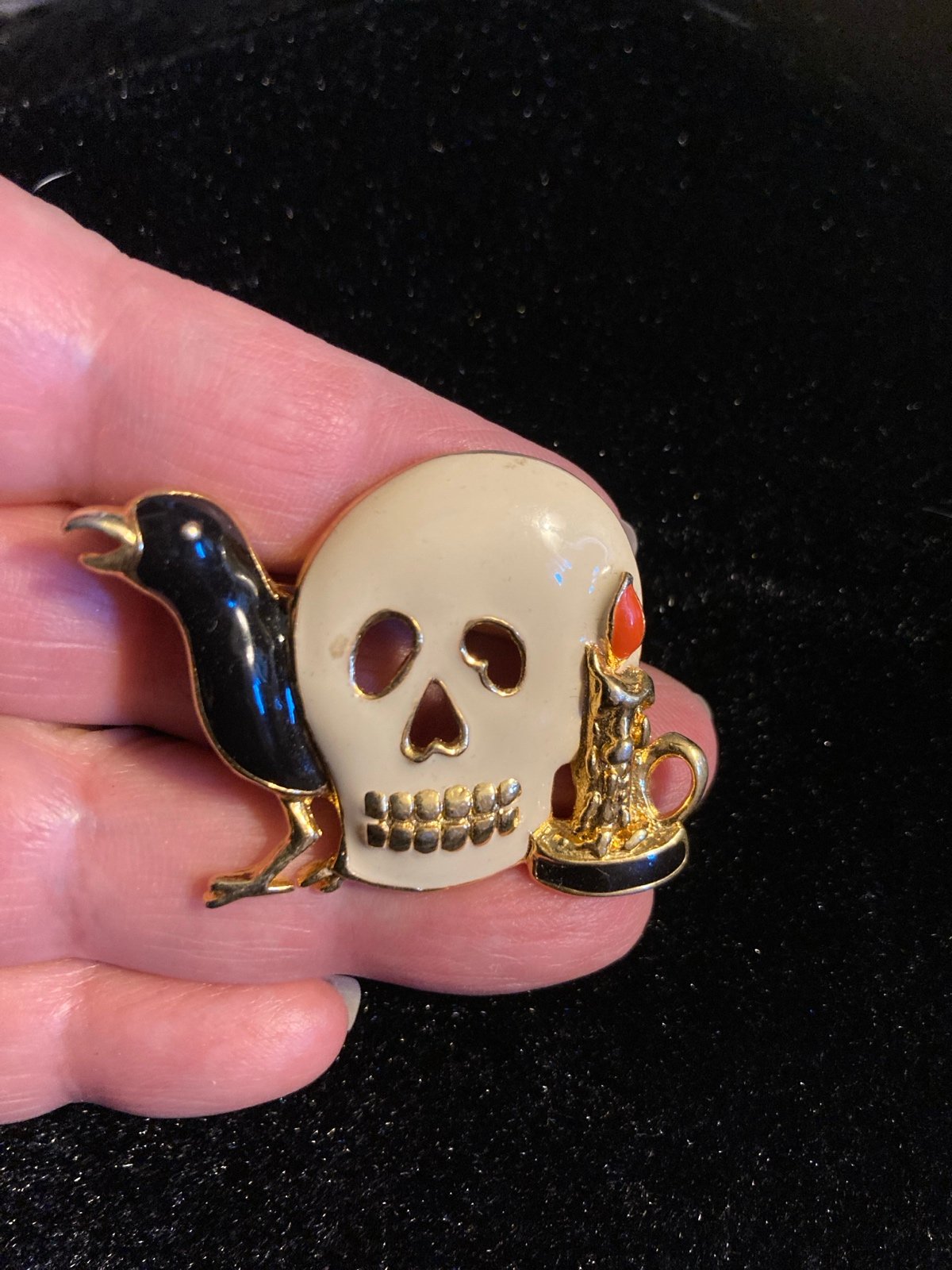 Vintage Halloween Raven Skull Candle Brooch