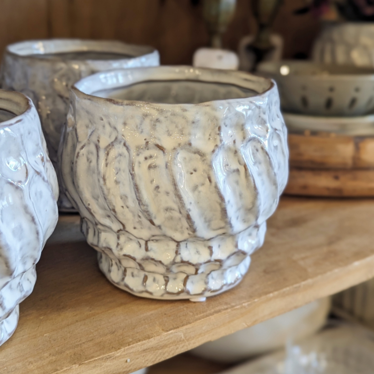 Embossed textured stoneware planter