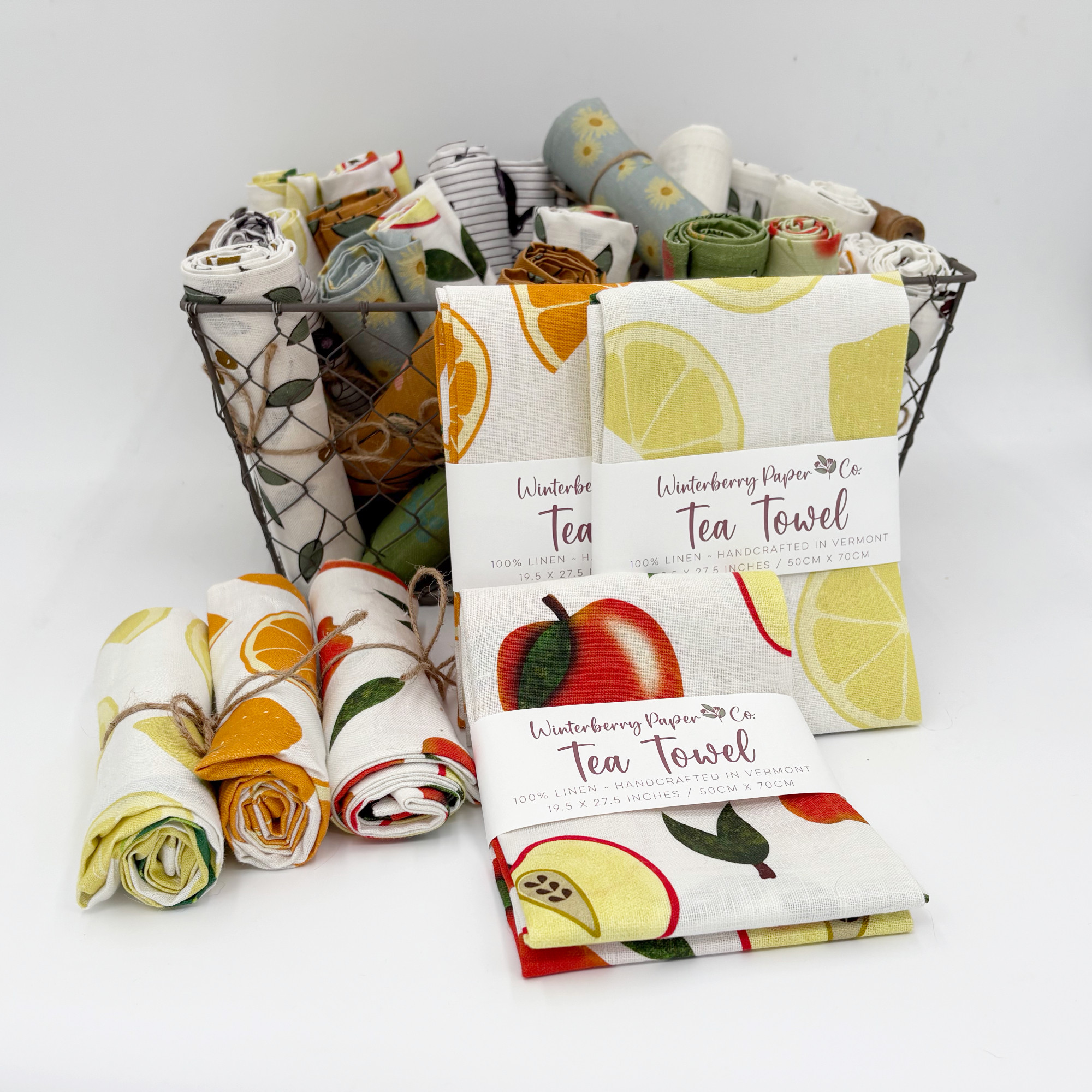100% Linen Tea Towel Bundle ~ Fruit (Apple, Lemon, Orange)