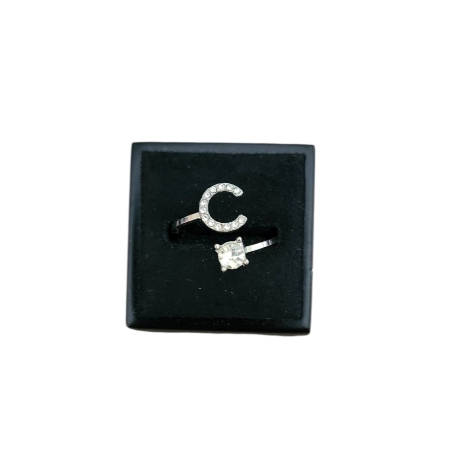 Size 7 Silver Toned Cubic Zirconia Monogram C Wrap Ring