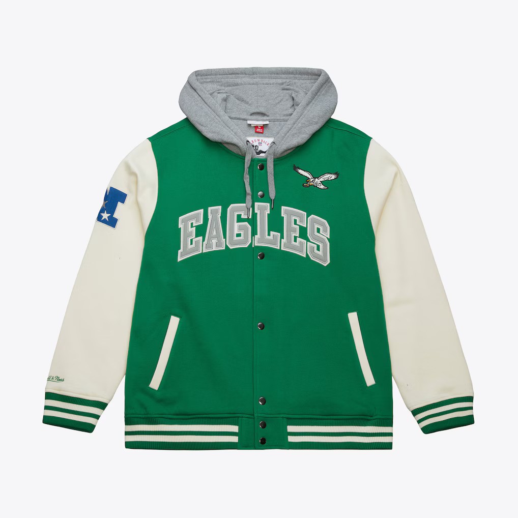 Philadelphia Eagles Courtside Button Down Mitchell and Ness Hooded Fleece Jacket