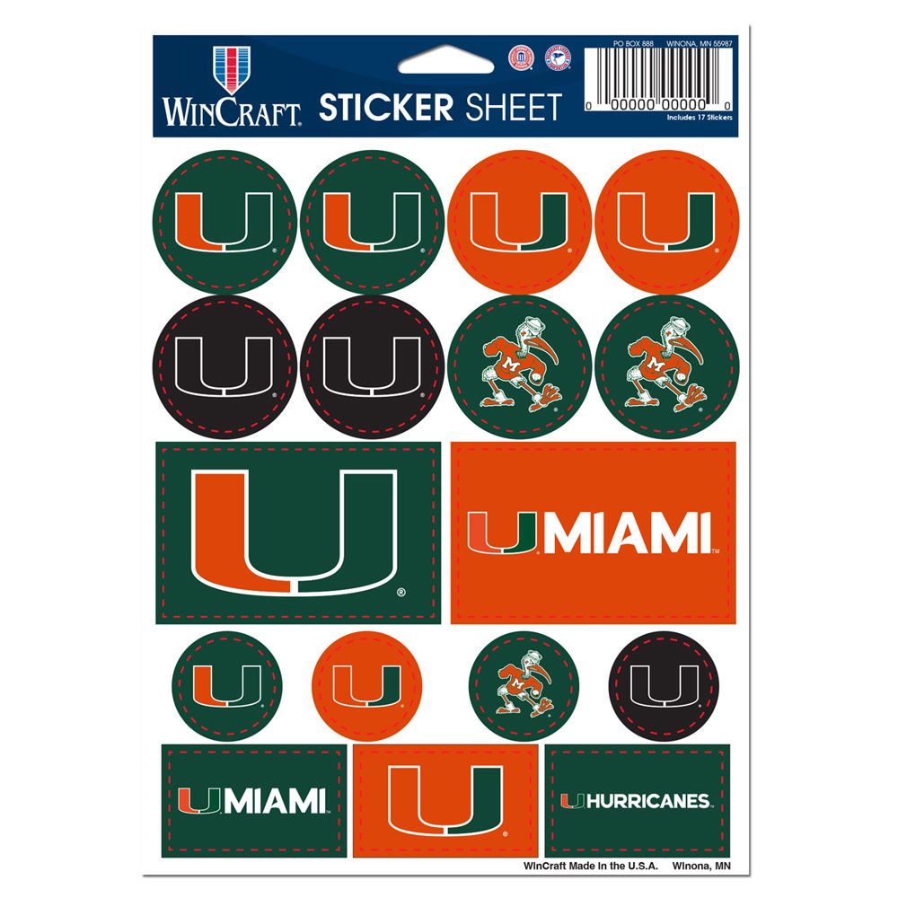 Miami Hurricanes Vinyl Decal Sheet 5x7"