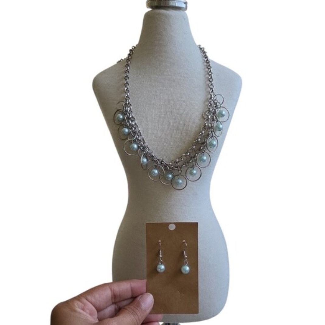 Silver Chain Necklace and Earrings Set with Light Blue Beads 18"