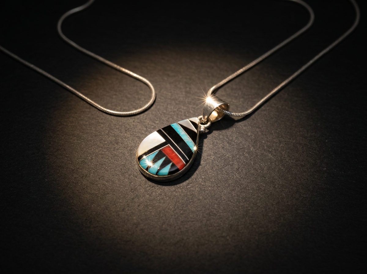 Sterling Silver Kingman Turquoise, Onyx & Mother of Pearl Pendant - 0.75x1.25 in. #040