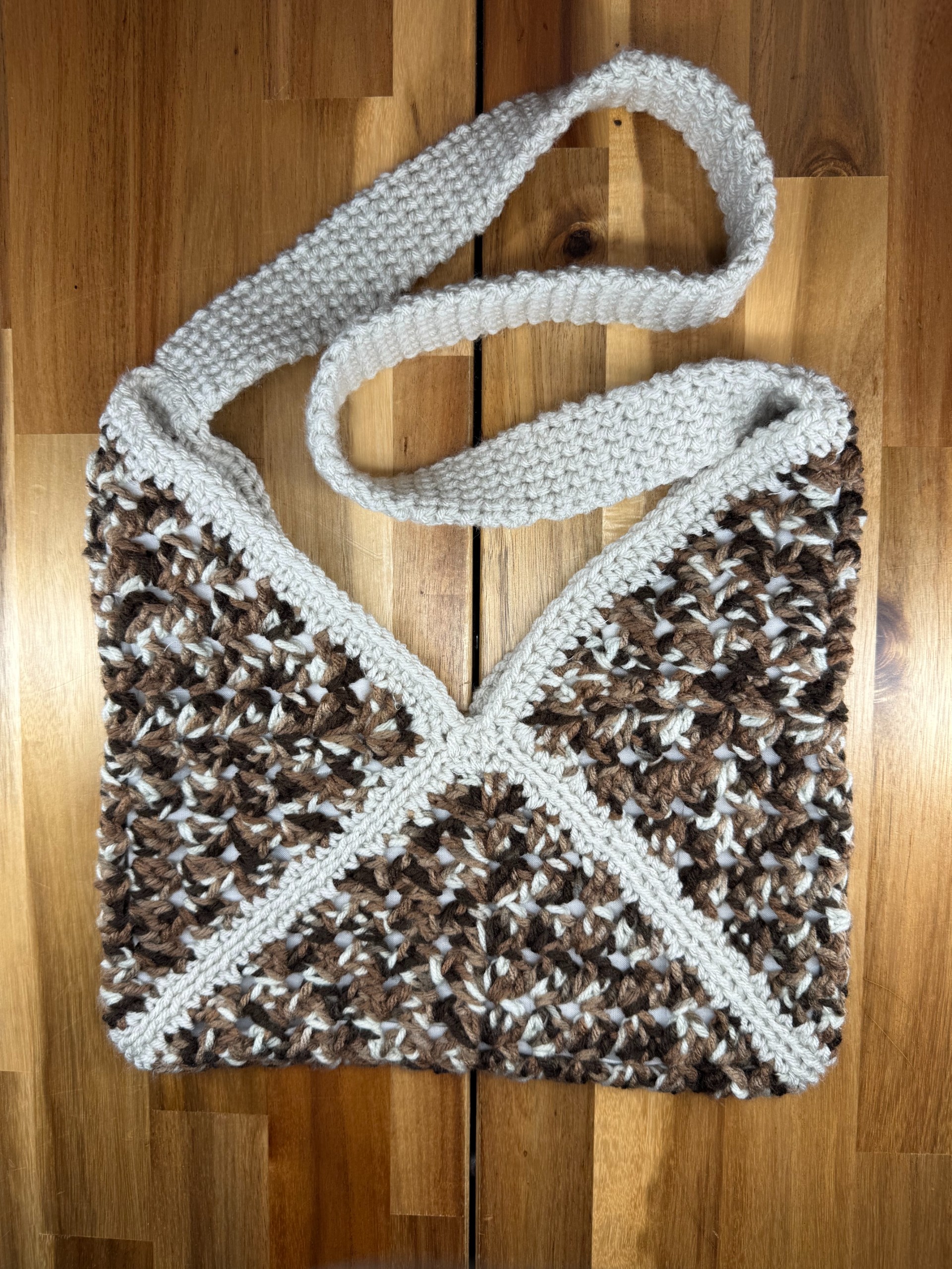 Cream & Brown Speckled Granny Square Hobo Bag
