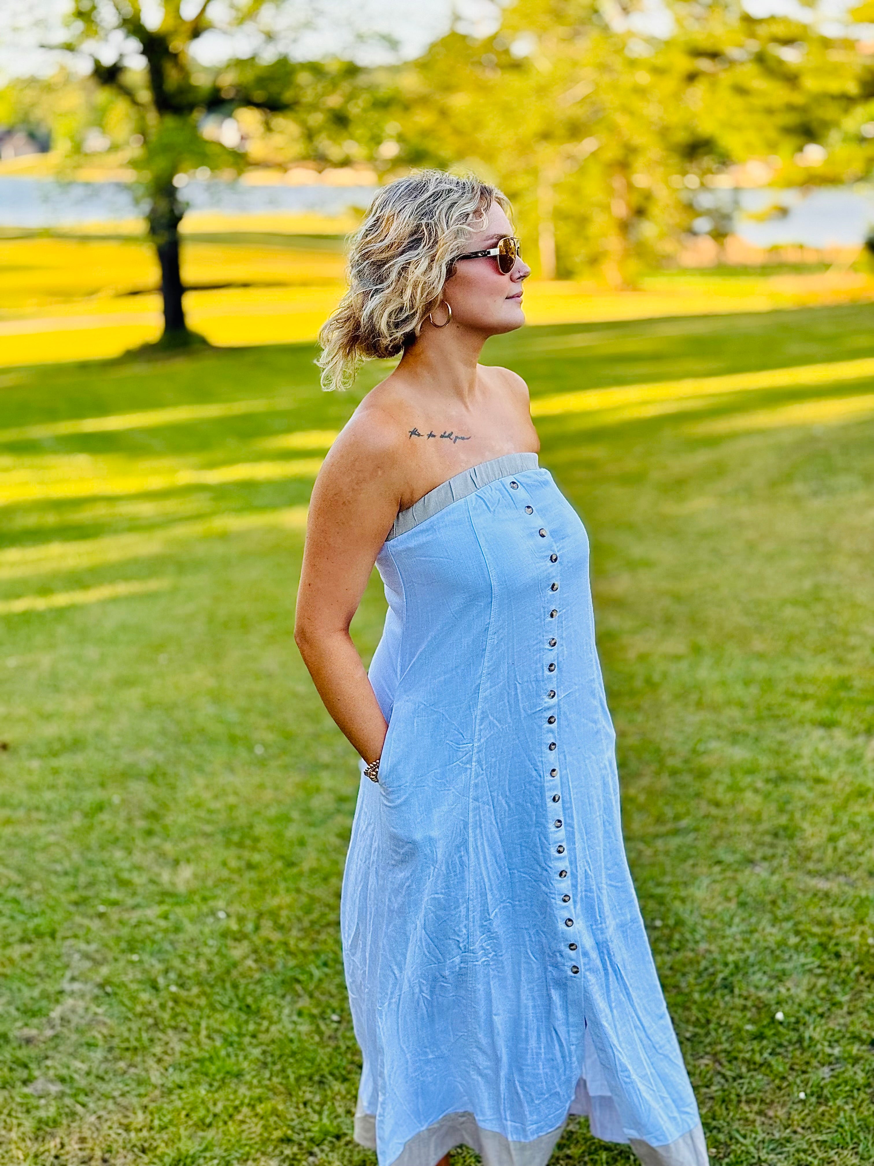 Strapless Button-Front Maxi Dress