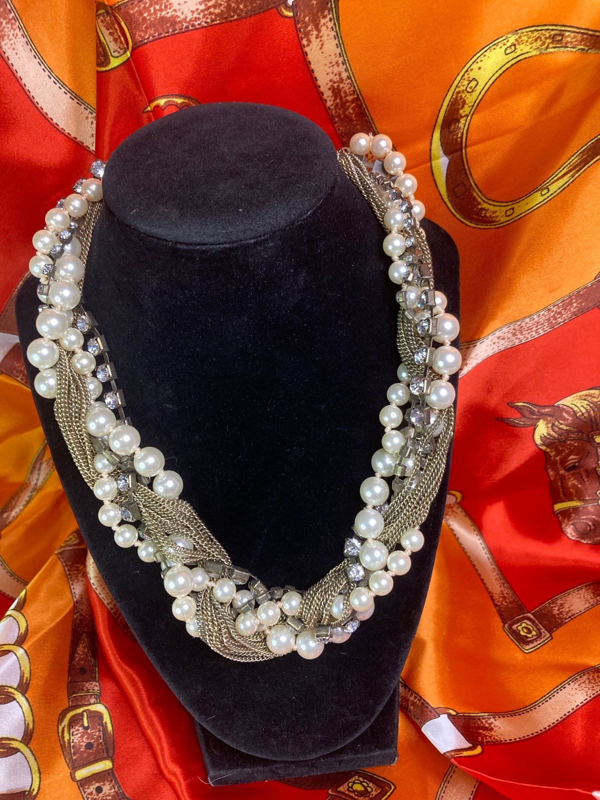 J.Crew Antique Twisted Gold chain, Rhinestones and faux Pearls Necklace 20β