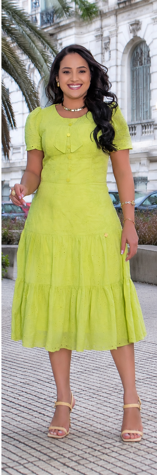 Vestido Midi Algodão Bordado Verde Lima