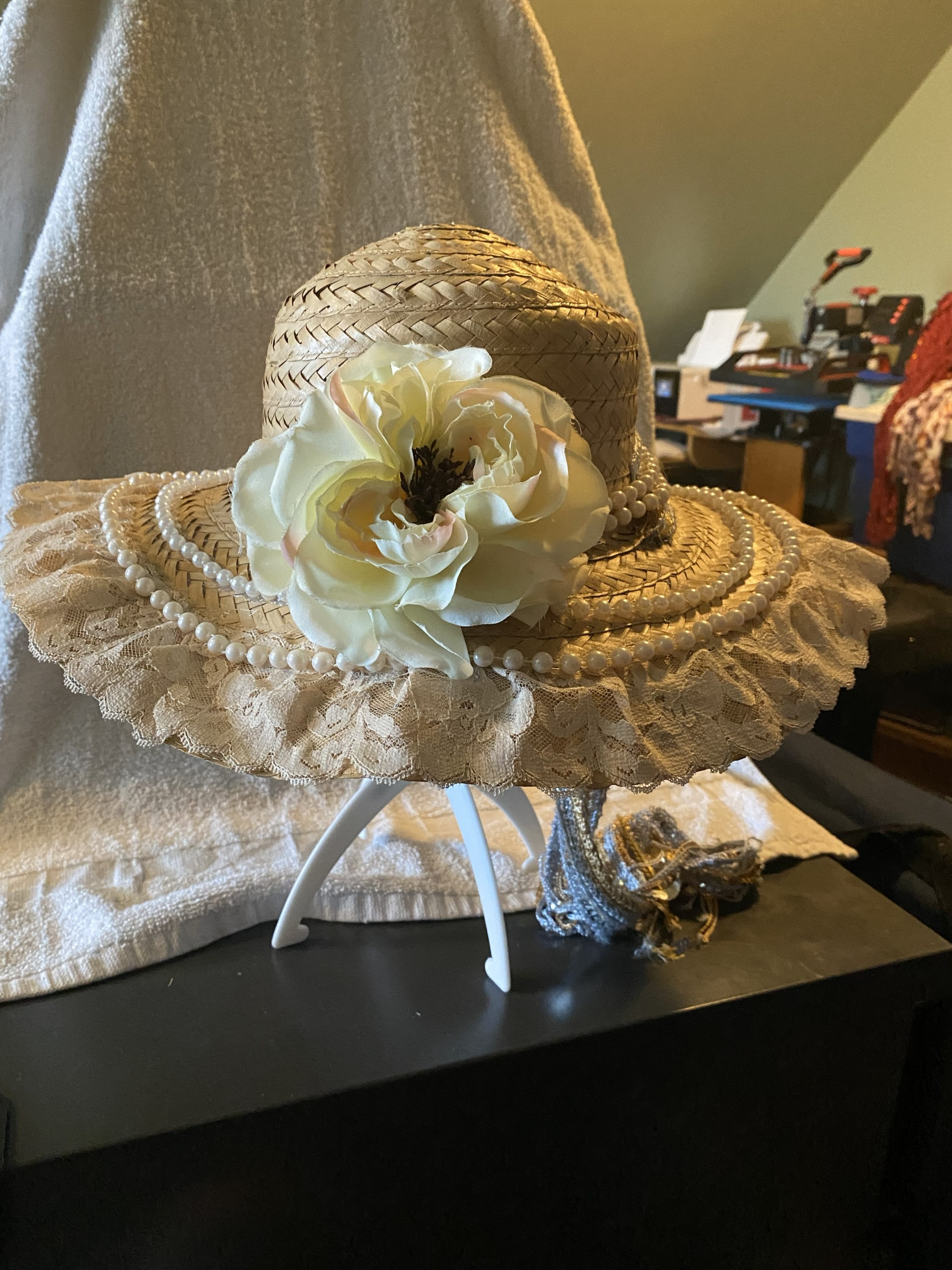 Pearls and White Rose Bonnet with Scarf