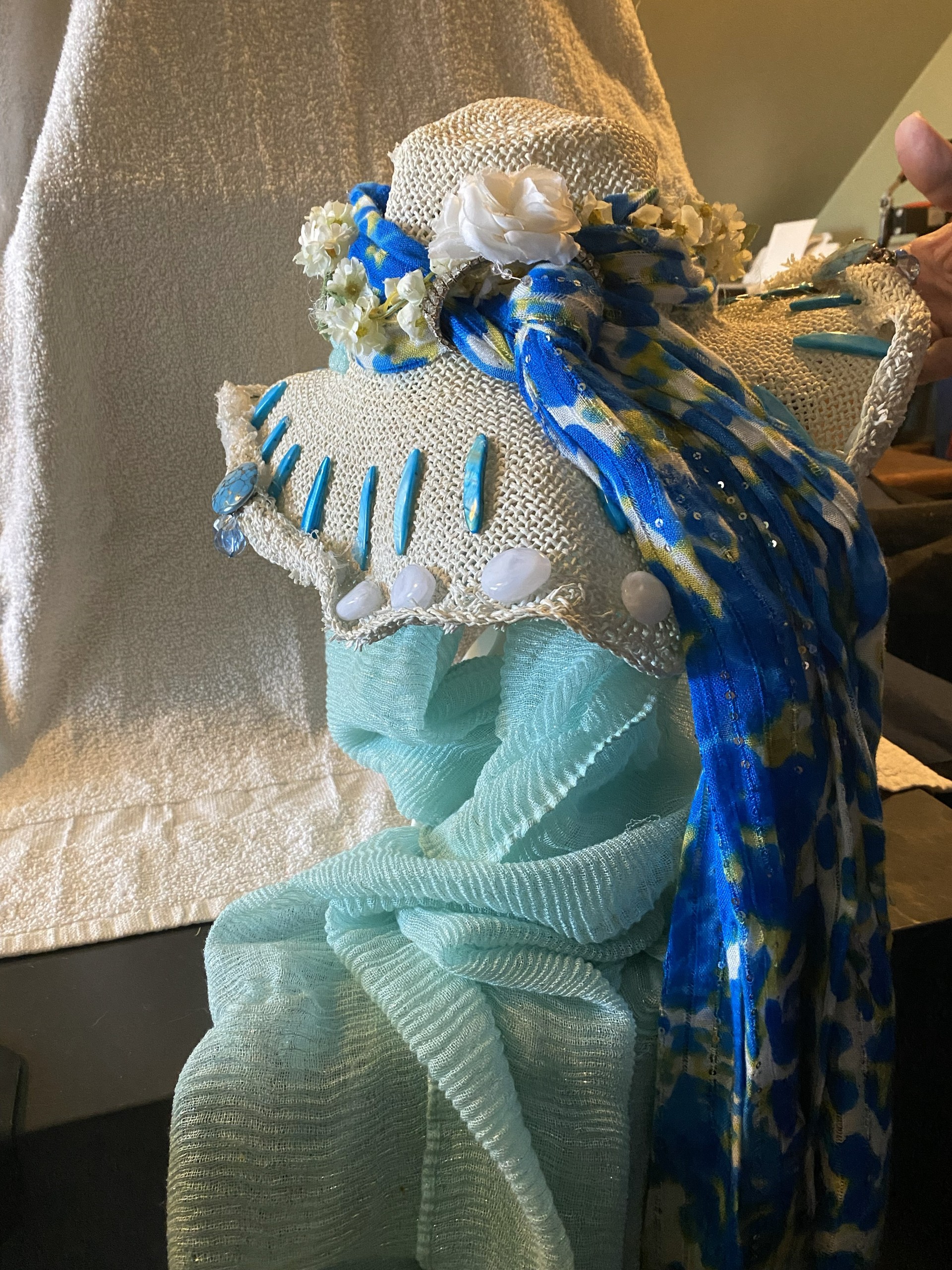 Beaded White Roses Bonnet with Cyan/Blue Scarf