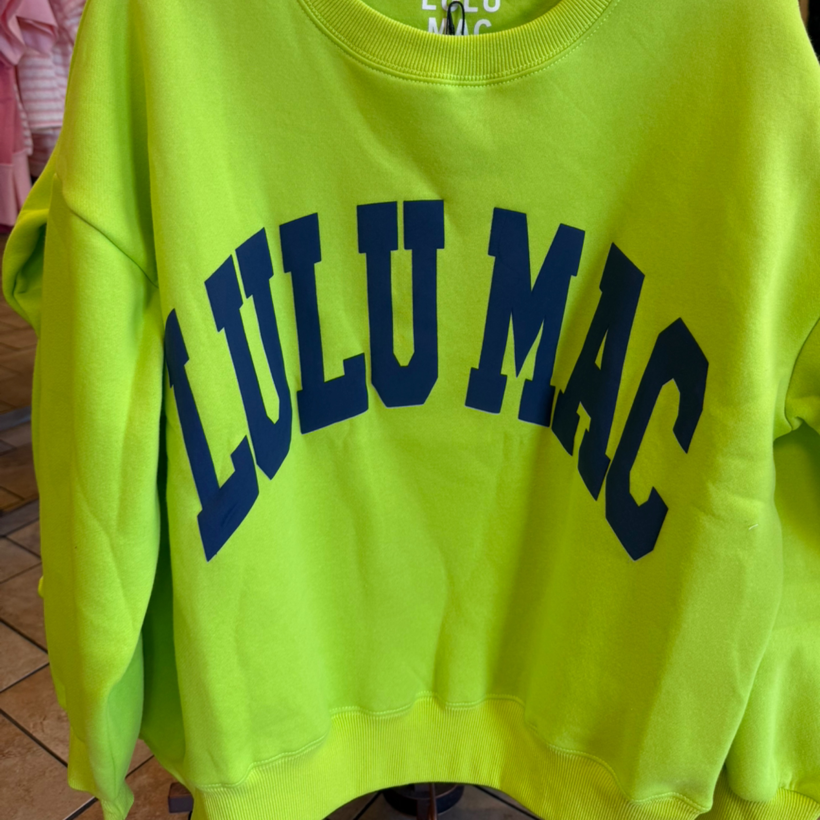 LuluMac sweatshirt chartreuse/dark blue — Bama Tan boutique, Tuscaloosa AL