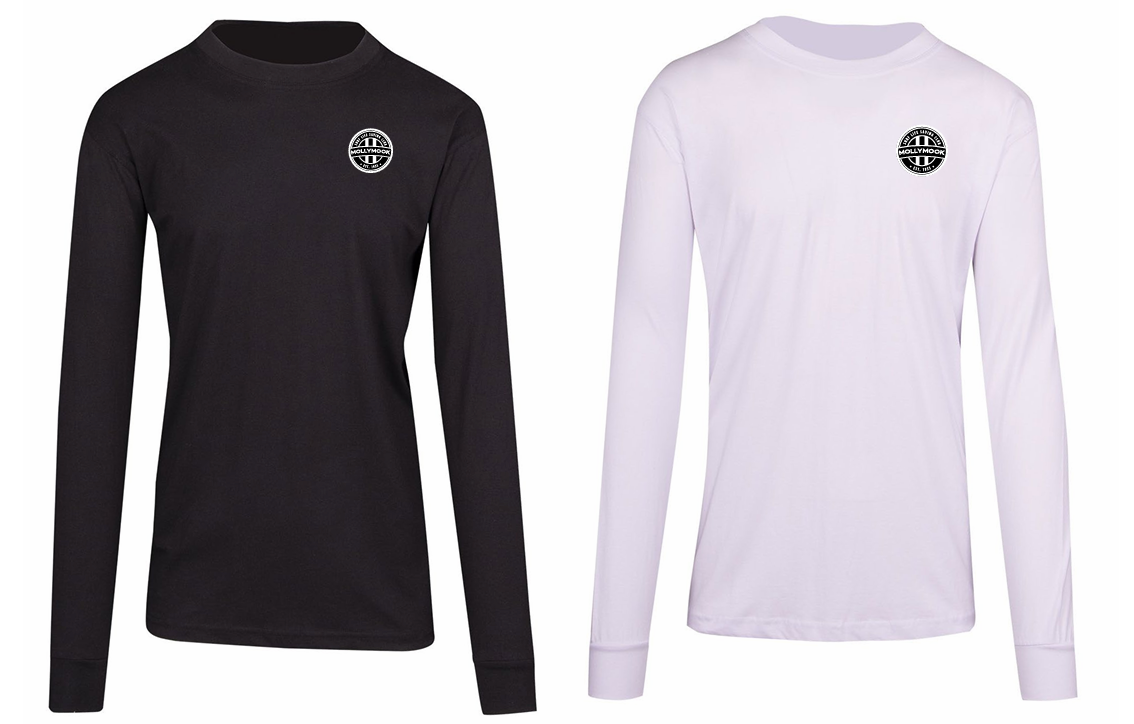Black and white long-sleeve Mollymook T-shirts shown from the front with circular club badges on the left chest.