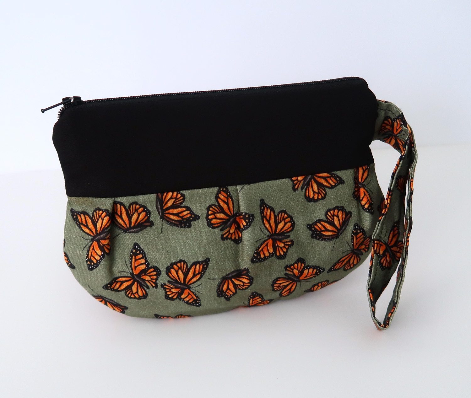 Pleated Wristlet – Monarchs on Sage – handmade clutch