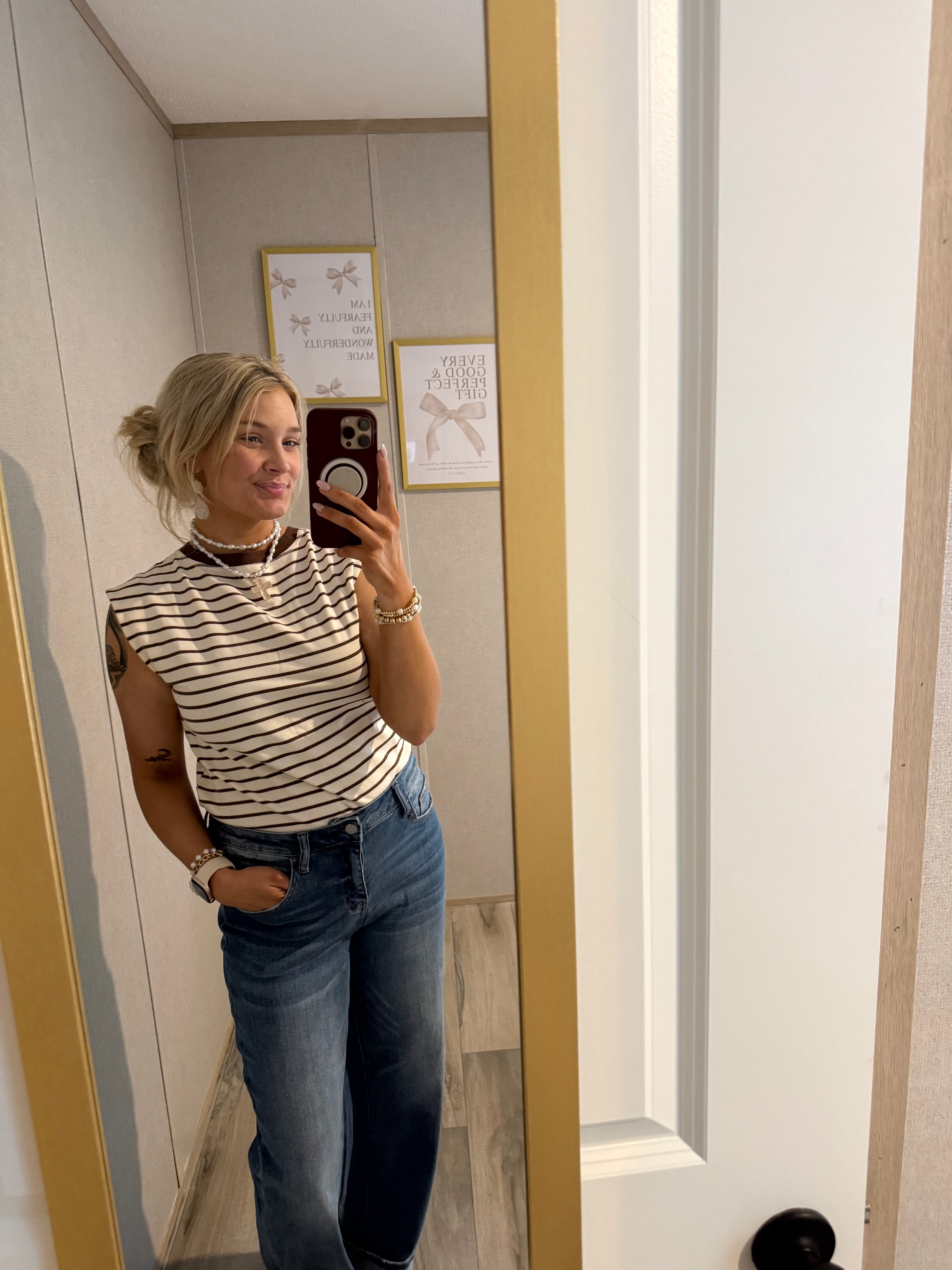 Stripe Ribbed Round Neck Trim Loose Tank Top