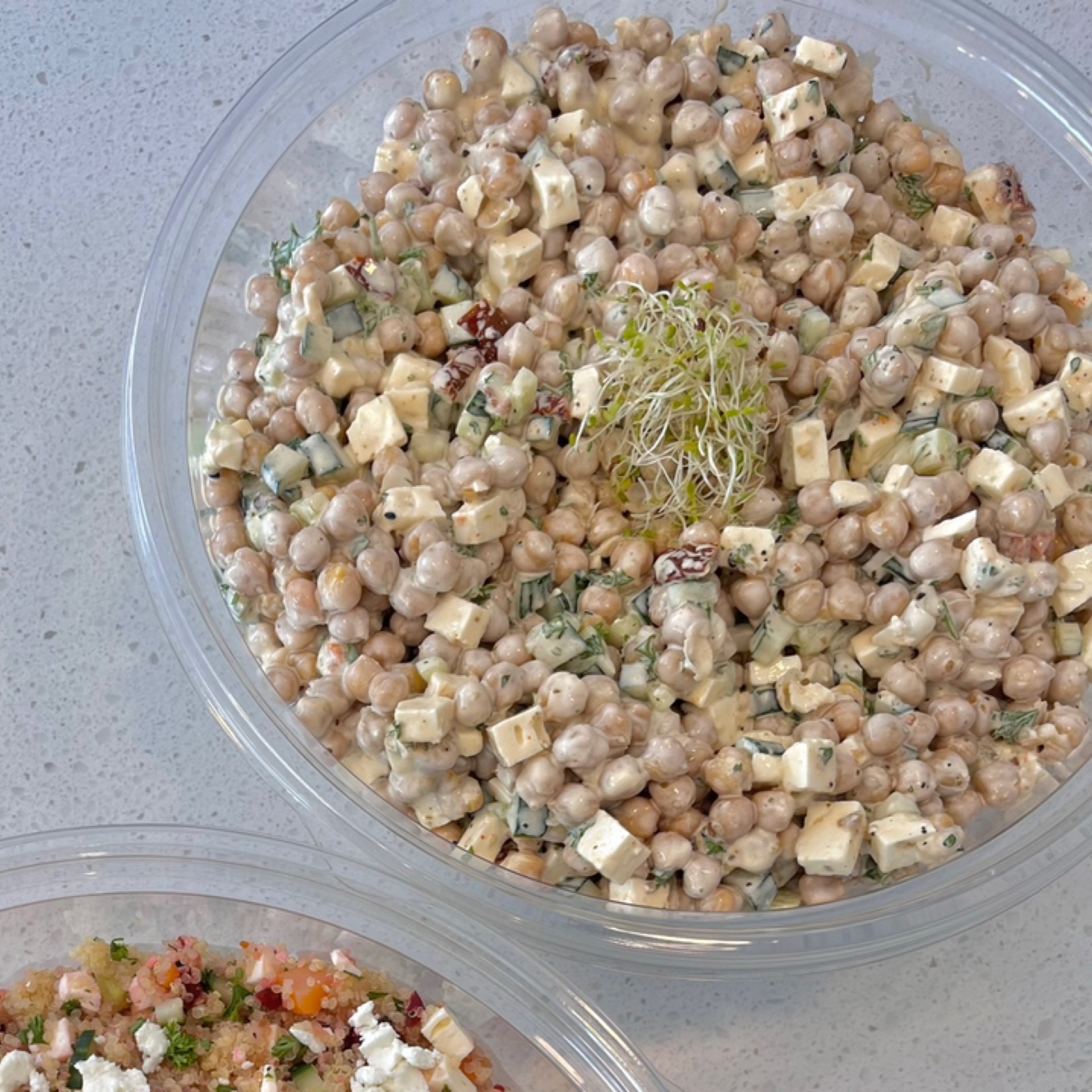 Chickpea, cucumber, feta, sundried tomato & pesto mayo salad bowl