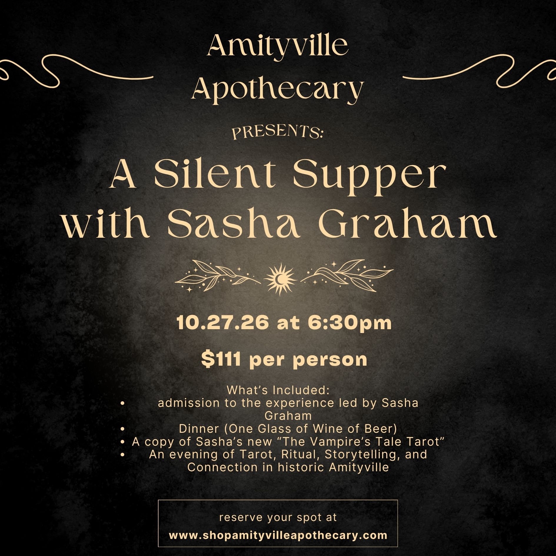Silent Supper with Sasha Graham, An Evening of Spirits, Supper & Tarot | In Person Tuesday, October 27, 6:30pm EST