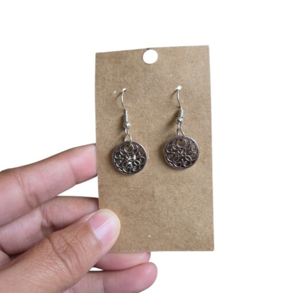 Silver Toned Filigree Round Drop Earrings
