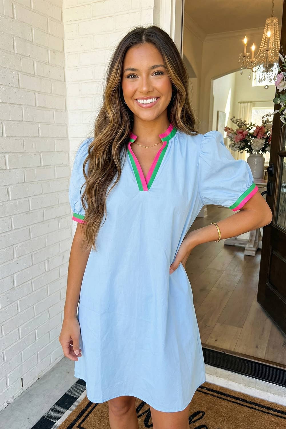 LAS Contrast Striped Notched Puff Sleeve Mini Dress (S-XL) — Bama Tan boutique, Tuscaloosa AL