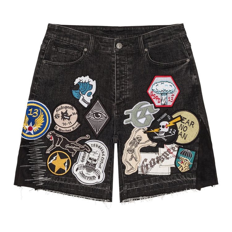 GODSPEED CAMO PATCHWORK DENIM SHORTS